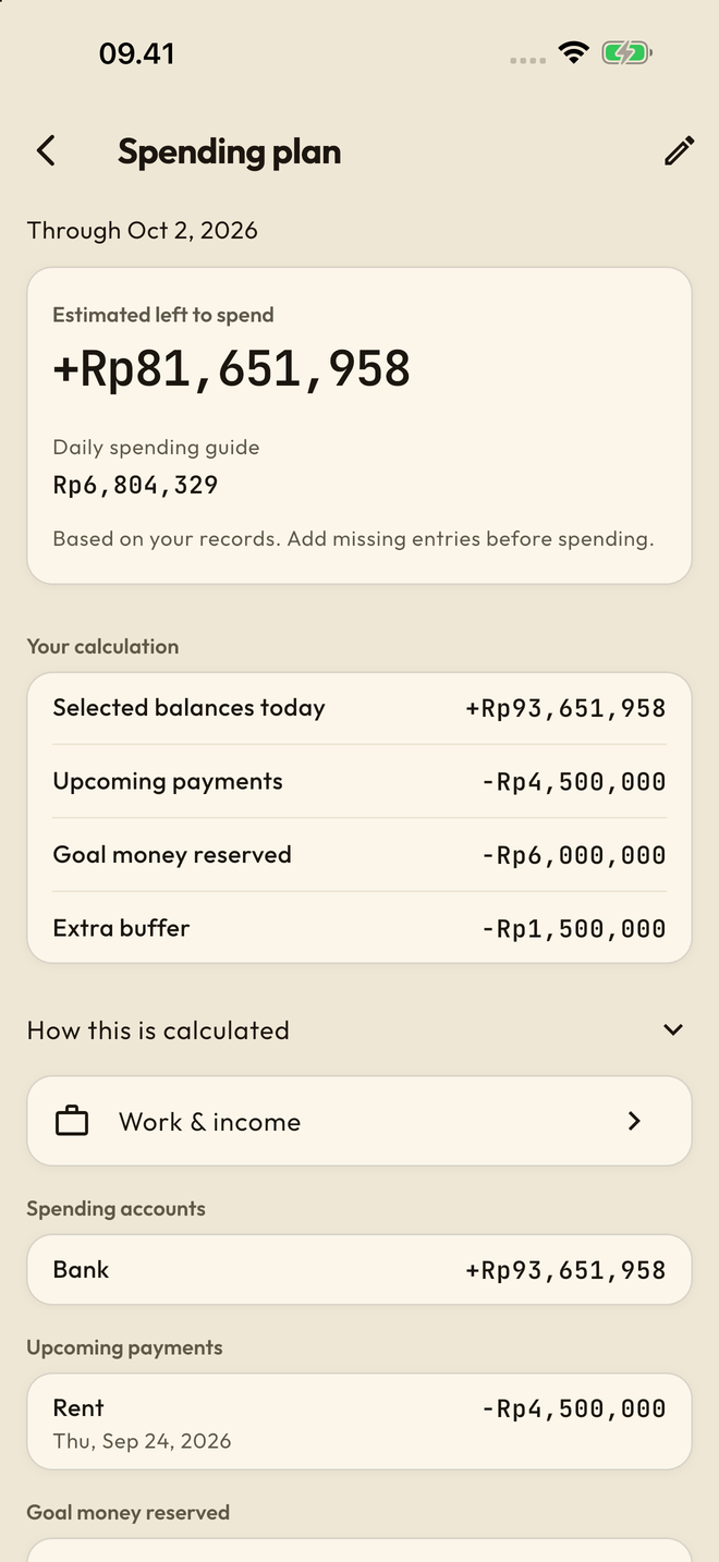 Cashiken Spending plan showing the selected accounts, reserved buffer, and estimated money left to spend.