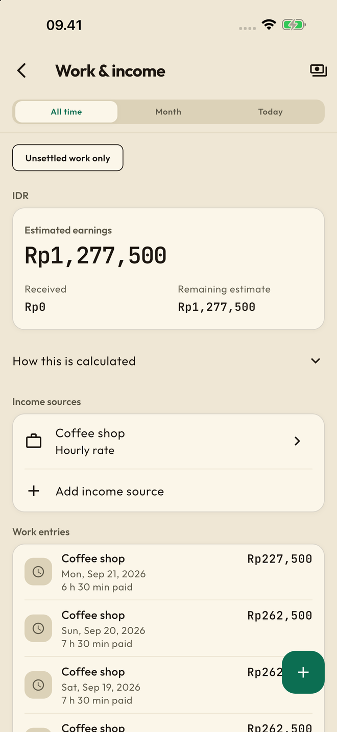 Work & income with fictional shifts and estimated earnings.