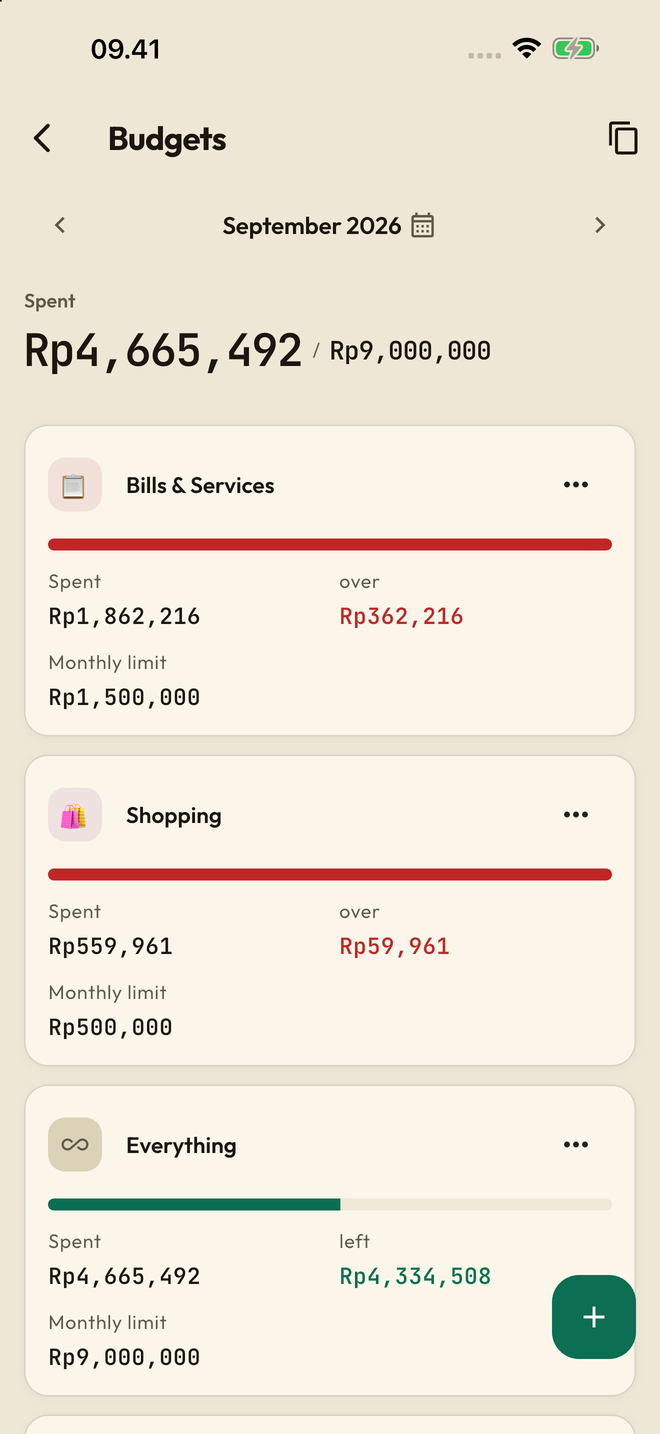 Budgets you can revisit: Set monthly and category limits, carry unused budget forward, and review spending as it happens.