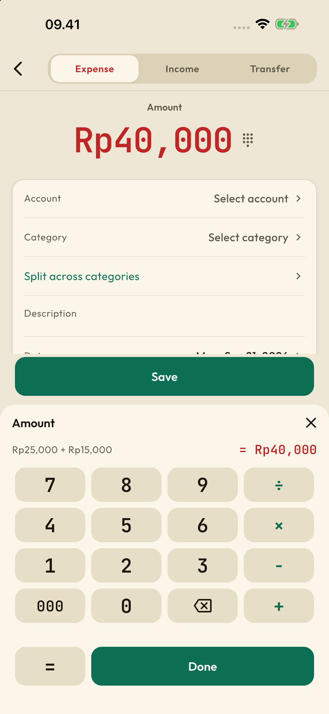 The transaction form with its calculator keypad and visible Save button.