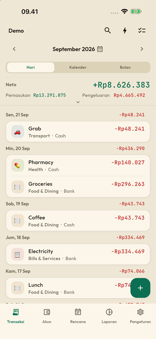 Catatan sehari-hari: Temukan pengeluaran, pemasukan dan transfer. Cari riwayat dan pulihkan transaksi yang terhapus.