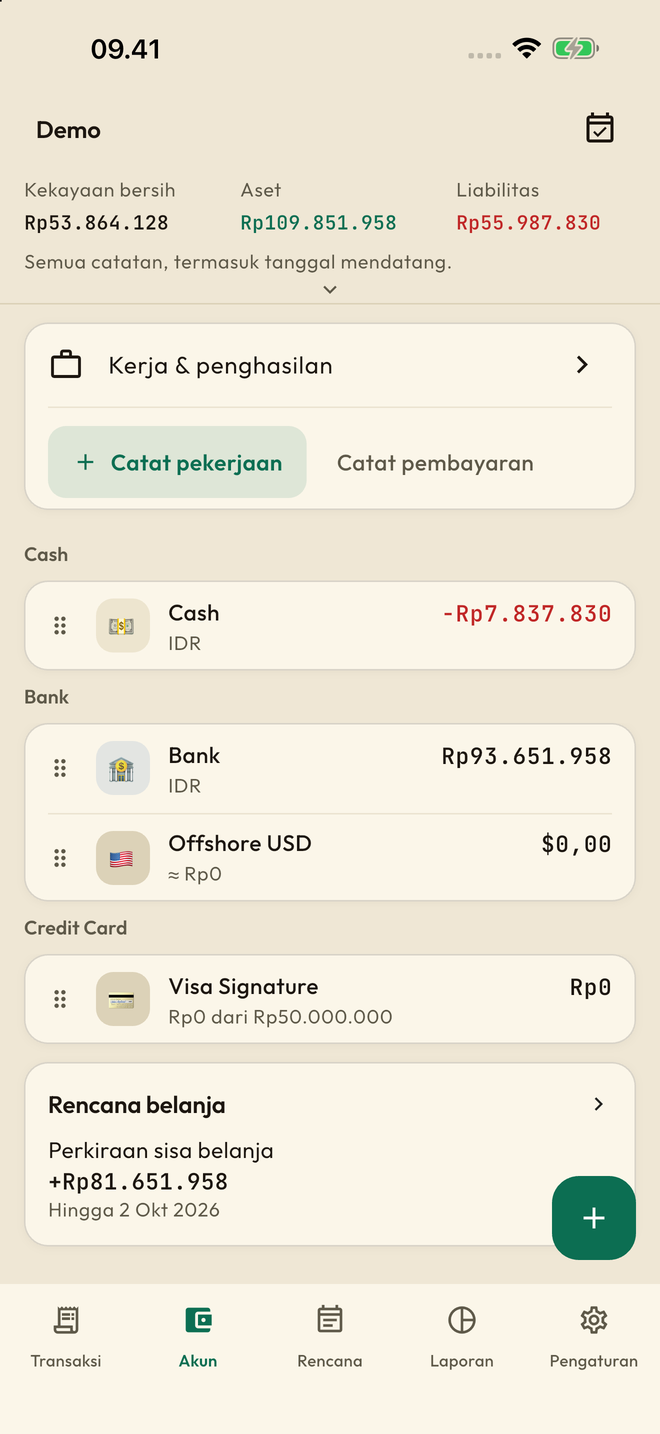 Lihat semua akun: Kelola akun kas, bank dan kredit. Catat investasi manual serta cocokkan saldo dengan laporan.