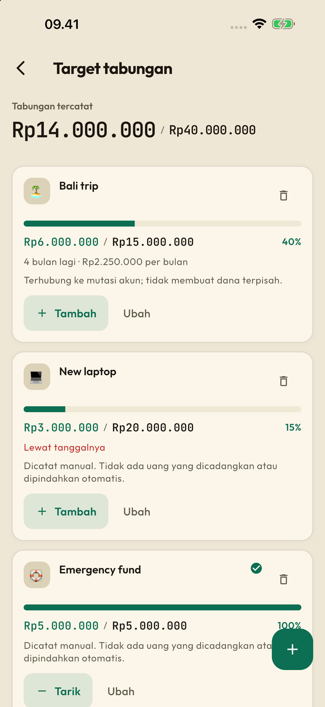 Wujudkan tujuan menabung: Hubungkan target ke akun, catat kemajuan dan pantau uang yang kamu sisihkan.