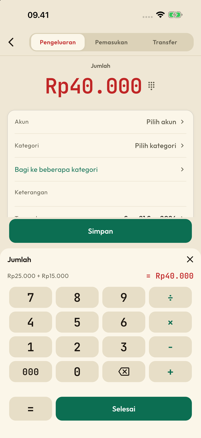 Form transaksi dengan papan hitung dan tombol Simpan yang tetap terlihat.